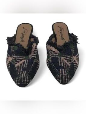 Free People Black and Blush Plaid Frayed-Trim Slip-On Mules